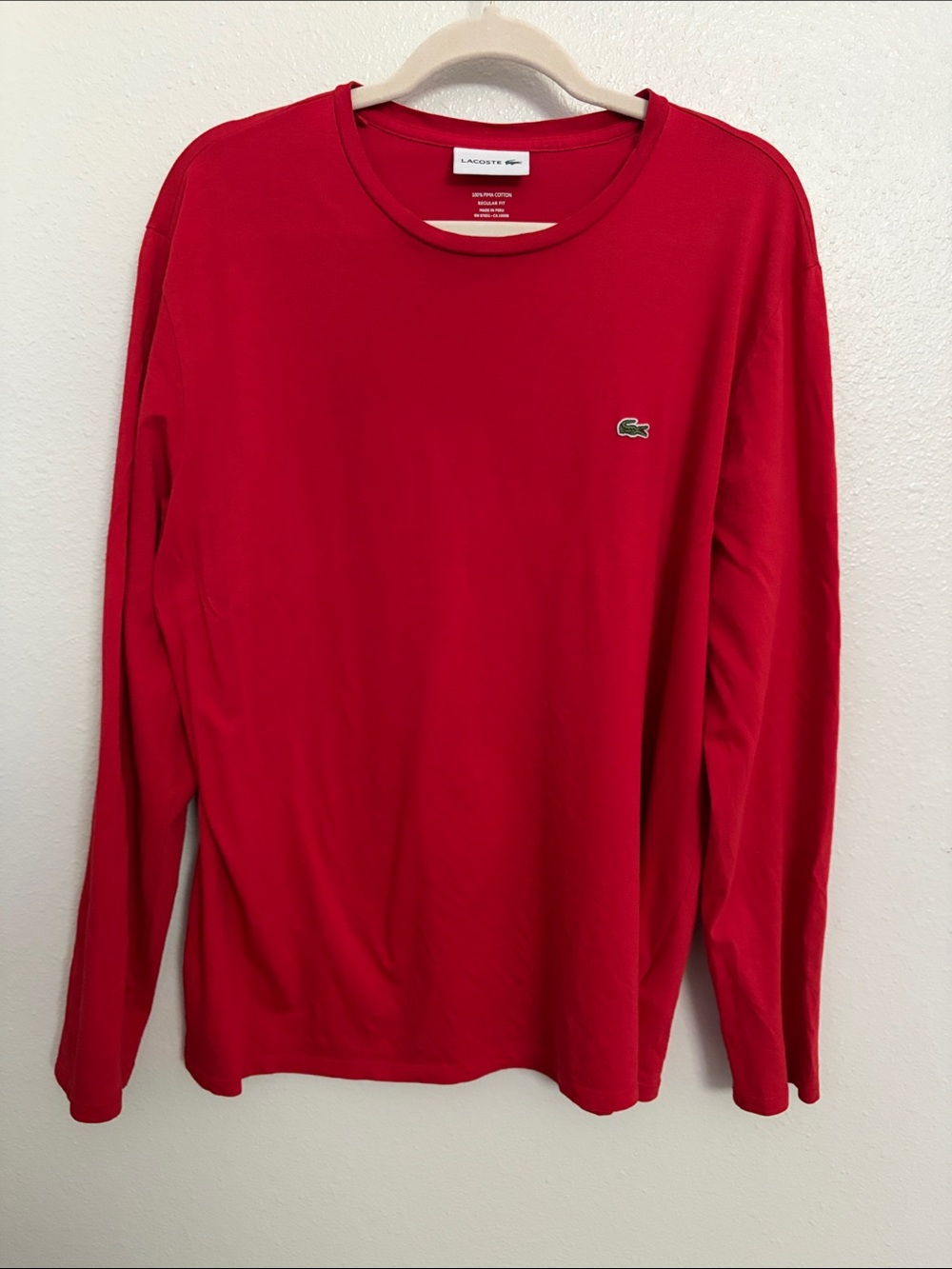 Lacoste Men’s Long-Sleeve Crewneck Shirt - Vibrant Red with Green Croc - XXL